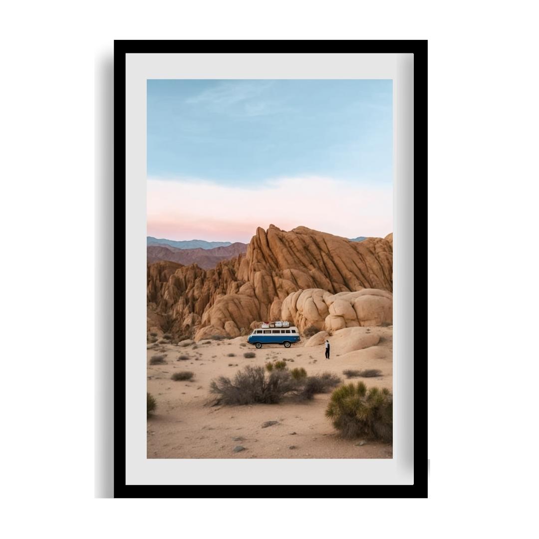 FASart, Desert Drive: A Car Amidst Rocky Cliffs