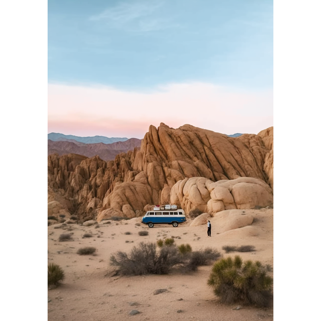 FASart, Desert Drive: A Car Amidst Rocky Cliffs