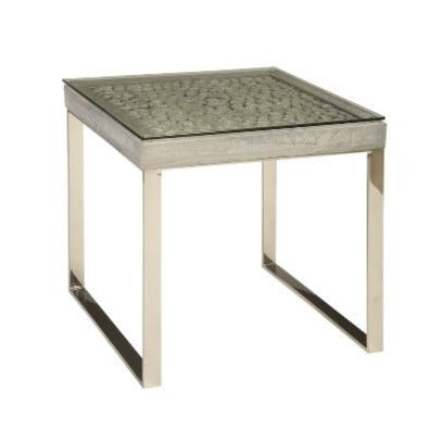 Phillips Collection, Driftwood Side Table, Wood, Glass, Stainless Steel Base, Scaff Finish