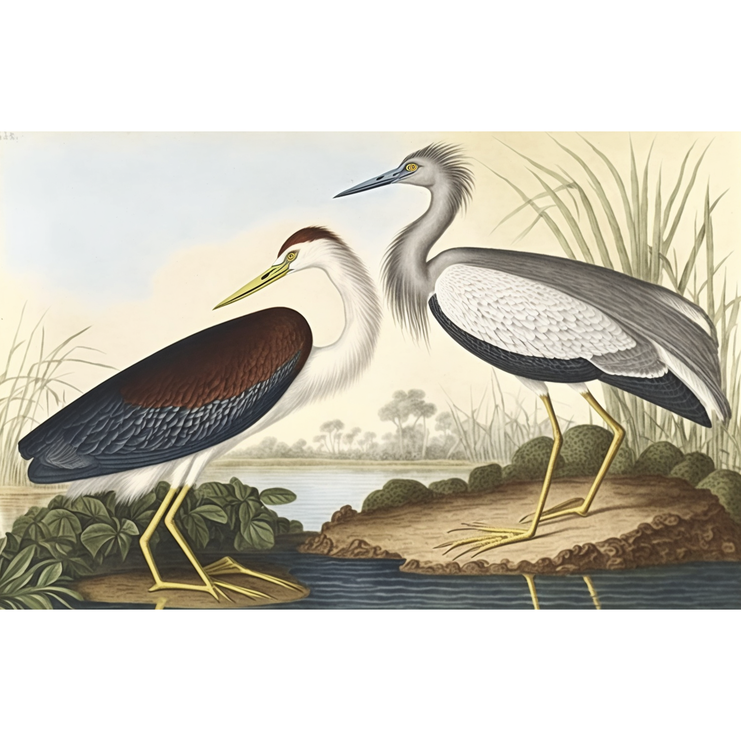 FASart, Elegant Harmony: A Portrait of Two Cranes by the Riverside - Limited Edition Print