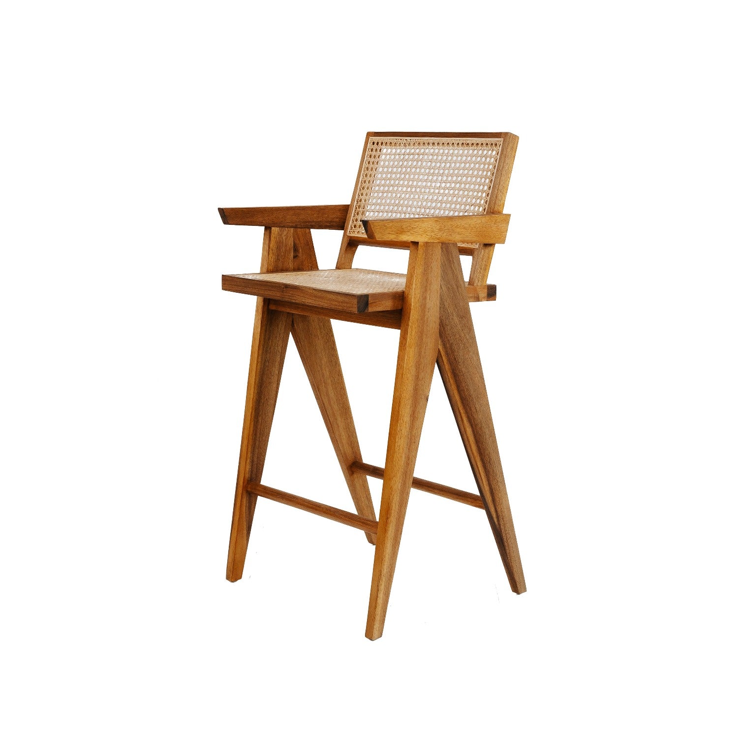 France & Son, Jeanneret Barstool With Arms Hand Caned Seat and Back