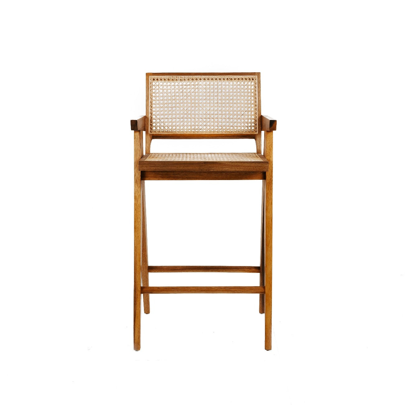 France & Son, Jeanneret Barstool With Arms Hand Caned Seat and Back