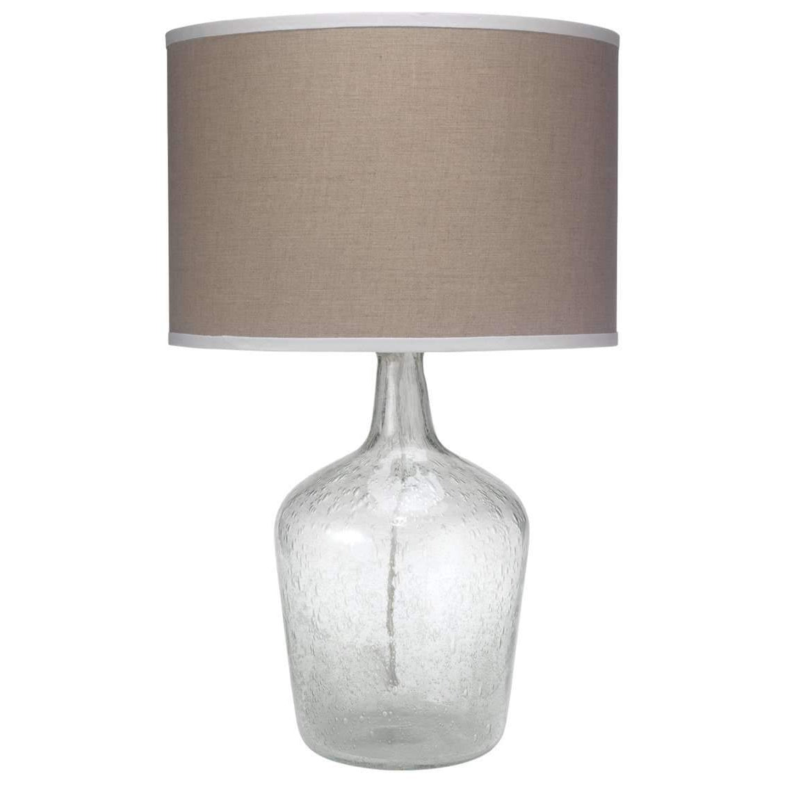 Jamie Young, Plum Jar Table Lamp, Medium in Clear Seeded Glass with Classic Drum Shade in Natural Linen with White Linen Trim